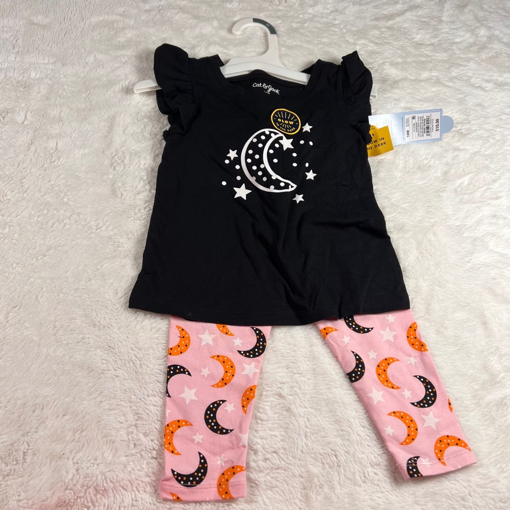 Cat and Jack Toddler Girls 18M Black Moon Stars Glow in Dark Outfit Set NWT